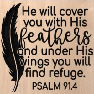 wood sign that says "He will cover you with his feathers and under His wings you will find refuge. Psalm 91:4" with a feather on the left