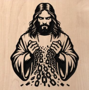 wood sign with Jesus breaking chains