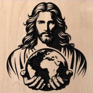 wood sign with Jesus holding the world in his hands
