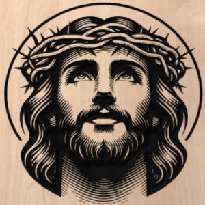 wood sign with Jesus' face and a crown of thorns on his head