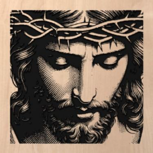wood sign with Jesus wearing a crown of thorns