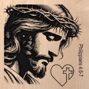 wood sign with Jesus wearing a crown of thorns and "Philippians 4:6-7" written on the bottom right