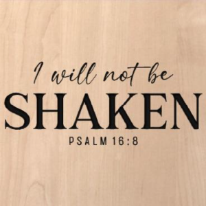 wood sign that says "I will not be shaken. Psalm 16:8"