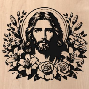 wood sign of Jesus' head in a bouquet of flowers