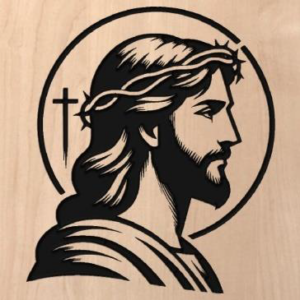 wood sign of Jesus's side profile with a circle around his head with a crown of thorns