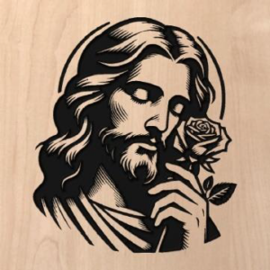 wood sign of Jesus holding a rose to His face