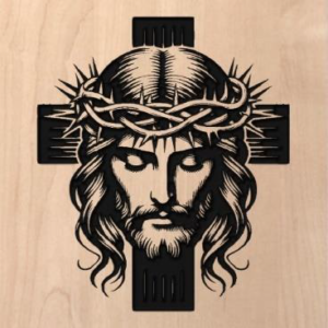 wood sign that has Jesus' head with a crown of thorns and a cross behind him