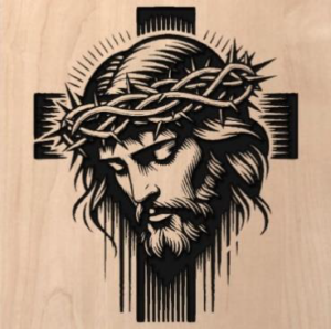wood sign of Jesus' face with a crown of thorns in front of a cross