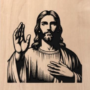 wood sign with Jesus holding one hand up and one on his heart