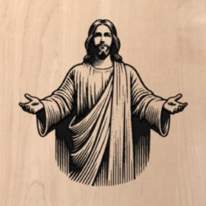wood sign with Jesus with outstretched arms