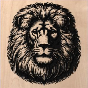 wood sign with realistic lion head