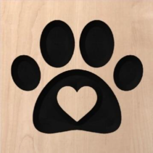 wood sign with paw print that has a heart in the middle