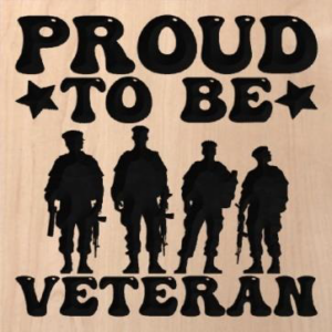 wood sign that says "proud to be veteran" with four army men standing in a line.
