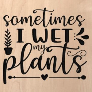 wood sign that says "sometimes I wet my plants" with a plant carving
