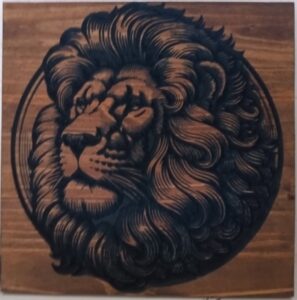 wood sign with realistic lion head